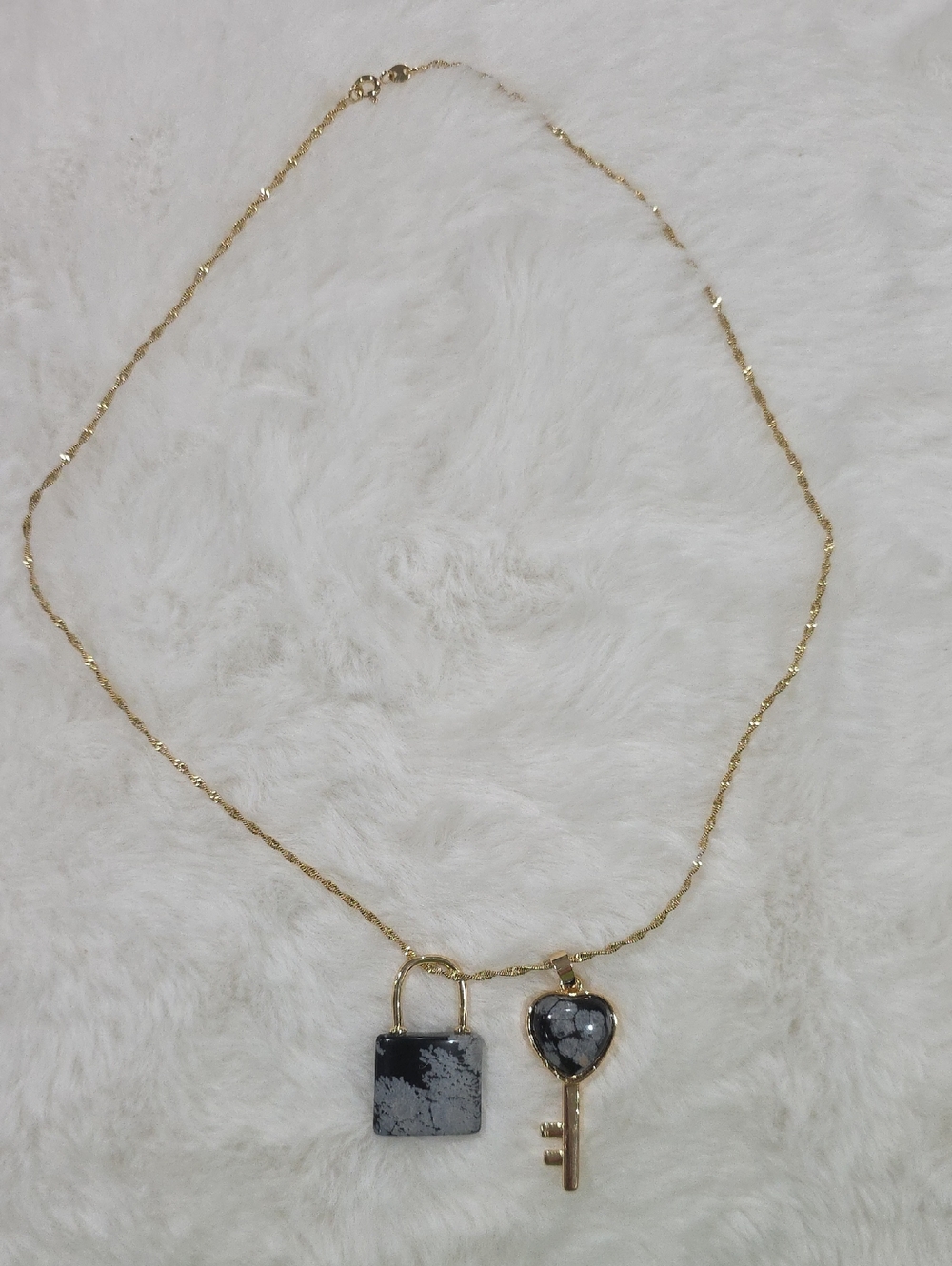 14k Gold PlatedChain Necklace with Black Snowflake Obsidian Key & Padlock Charms